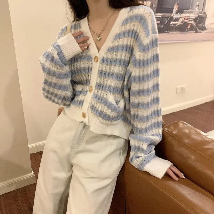 

Korean style all match knitted cardigan jacket women autumn new V-neck striped retro long-sleeved top ins style vintage Sweater