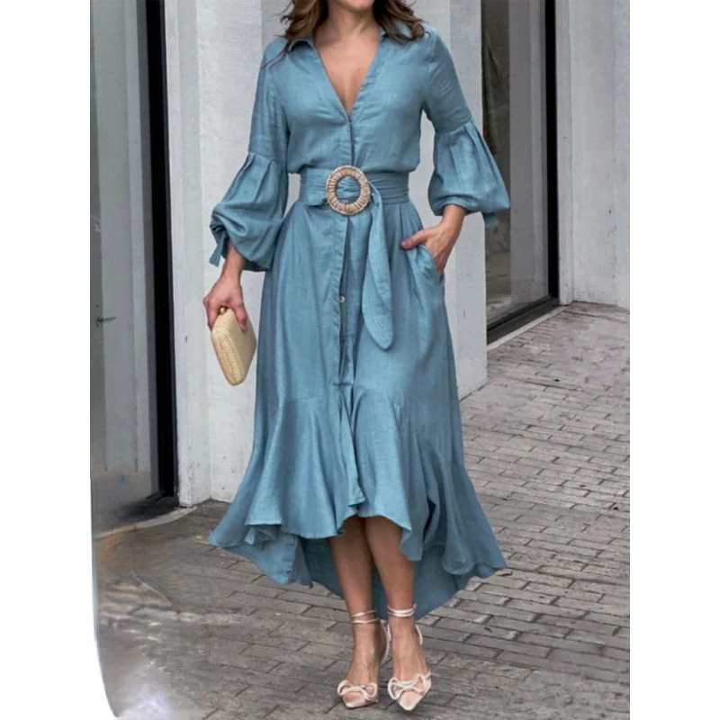 

Женское винтажное платье с поясом, Элегантное Длинное Платье-рубашка с отложным воротником и рукавами-фонариками, лето 2023