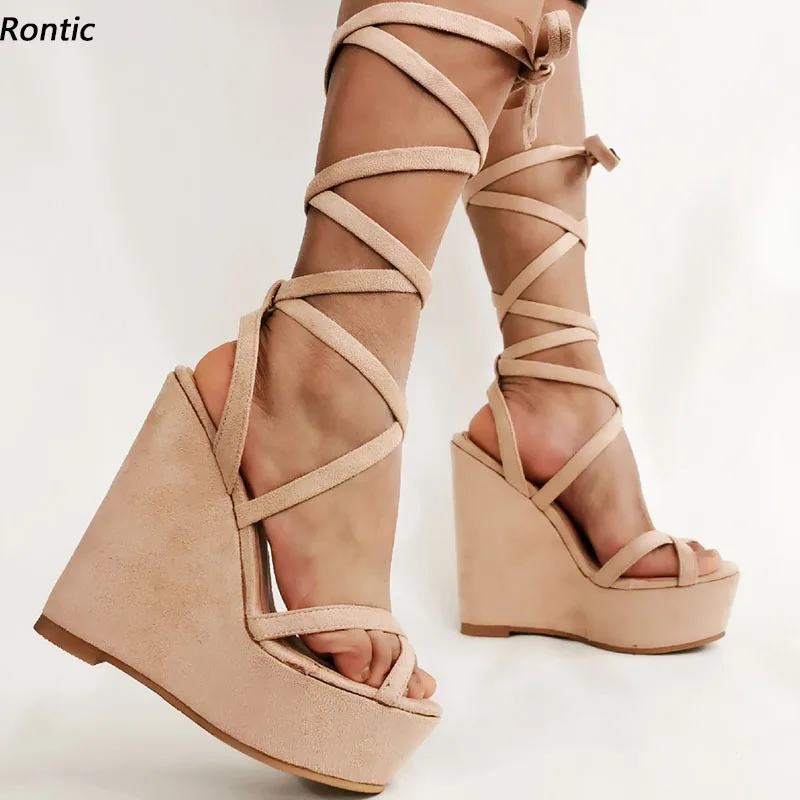 

Rontic Customize Color Women Bohemian Sandals Faux Suede Lace Up Wedges Heels Open Toe Pretty Apricot Party Shoes US Size 5-20