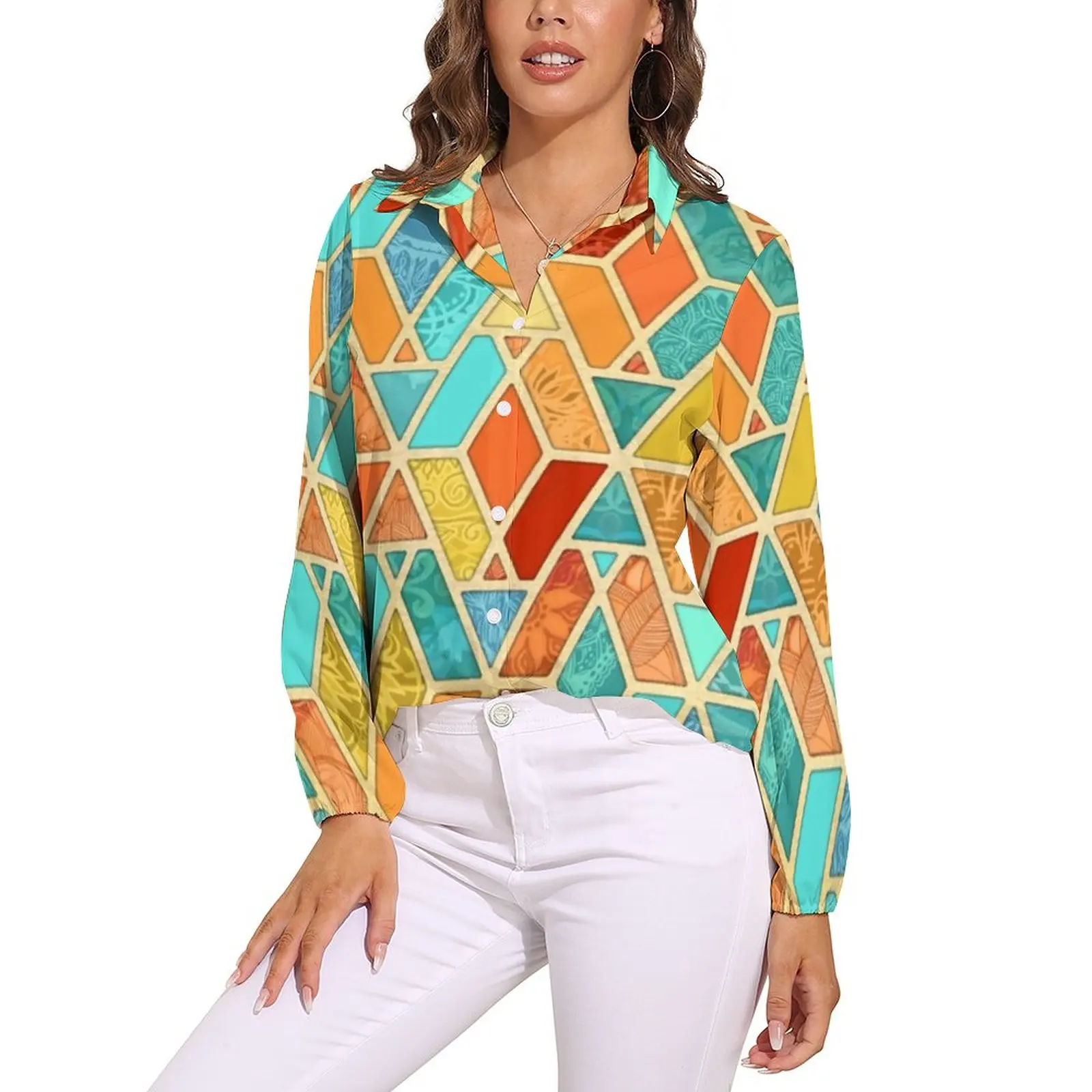 

Abstract Patchwork Loose Blouse Geometric Tile Print Casual Oversize Blouses Woman Long Sleeve Cute Shirt Spring Design Clothes