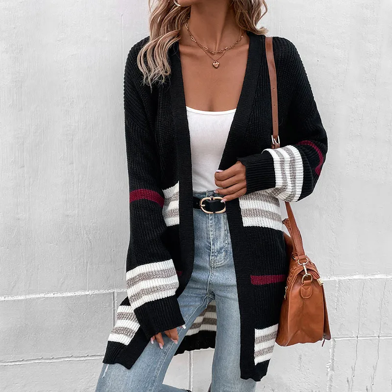 

Autumn Winter Knitted Cardigan Women Striped Patchwork 2022 Elegant Loose Long Outerwear Sweater Solid Color Coat Soft Jacket