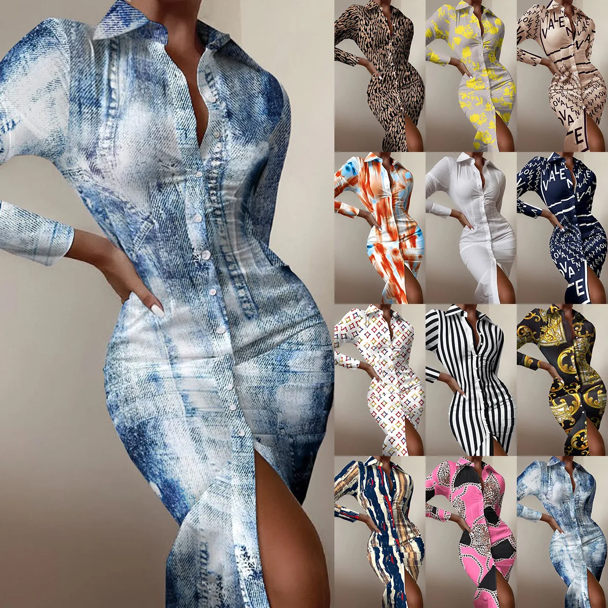 

Женское однобортное платье-рубашка с длинным рукавом и принтом