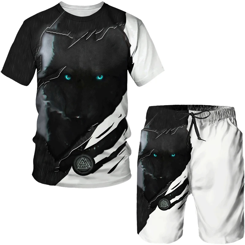 Summer 3D Wolf Printed Men's T-Shirt/Suit Hip Hop O-Neck Short Sleeve Tees&Shorts Two Piece Set Cool Animal Sportswear Tracksuit