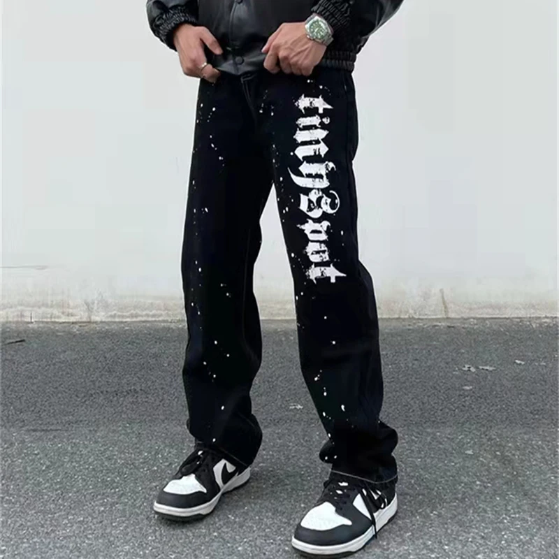 High Street Ink Painted Letter Washed Retro Straight Jeans Pants Mens and Womens Hip Hop Loose Oversized Casual Denim Trousers