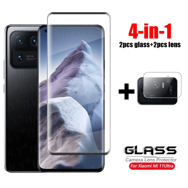 

Закаленное стекло 4 в 1 для Xiaomi Mi 11 Ultra, 3D изогнутое покрытие с полным покрытием, Защита экрана для объектива камеры Ultra HD Mi 11