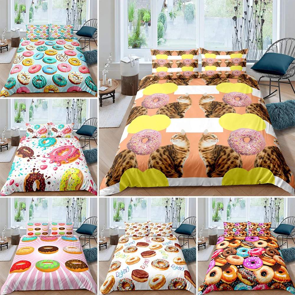 

Sweet Food Series Polyester Comforter Cover Twin Full Size Pink Donuts Dessert Bedding Set For Girls Bedroom Quilt Cover 2/3Pcs