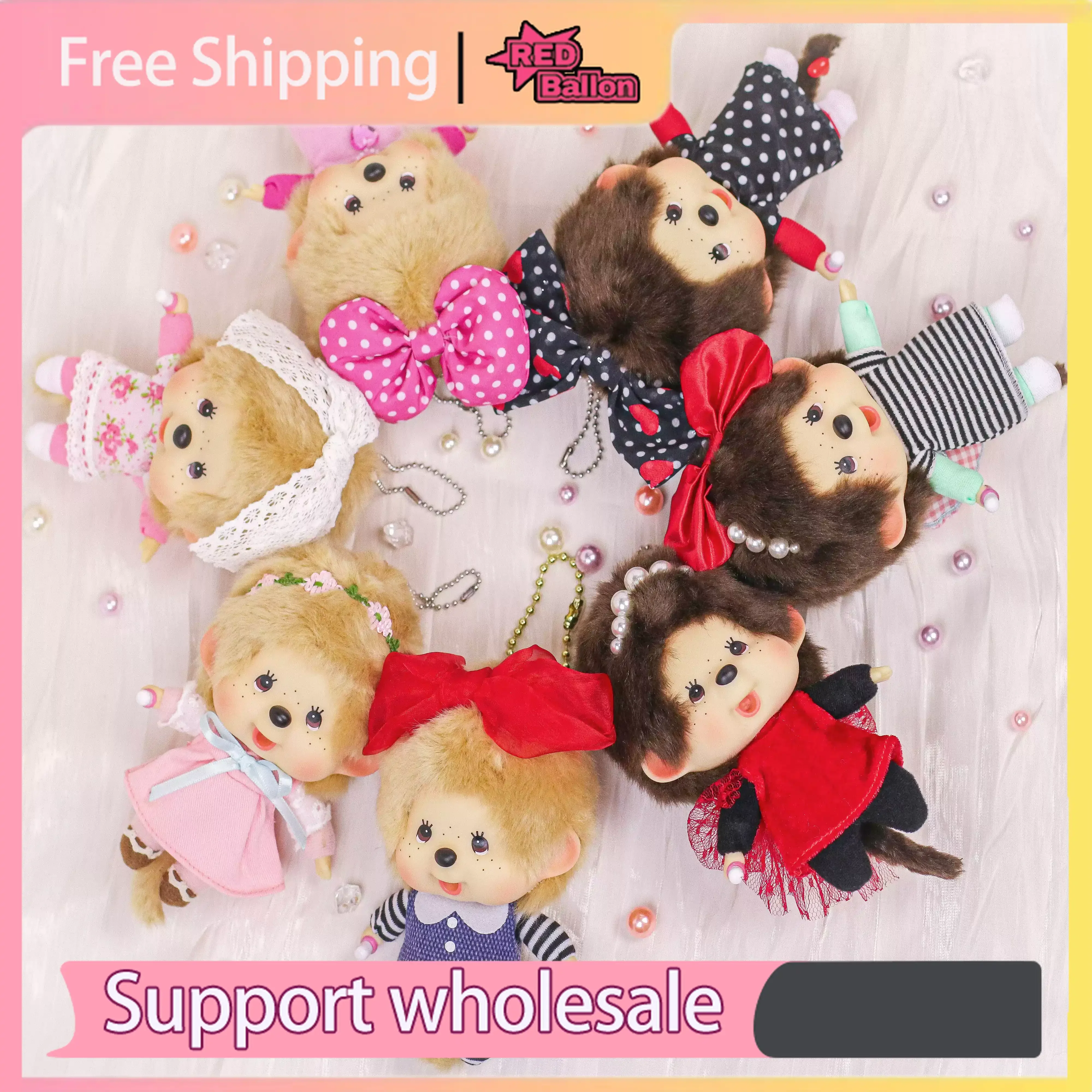 Фото Новинка: плюшевая кукла-брелок Monchhichi «Девочка-фермерша» с большим бантом и розовым сердцем из страз, подарок для девочек №4