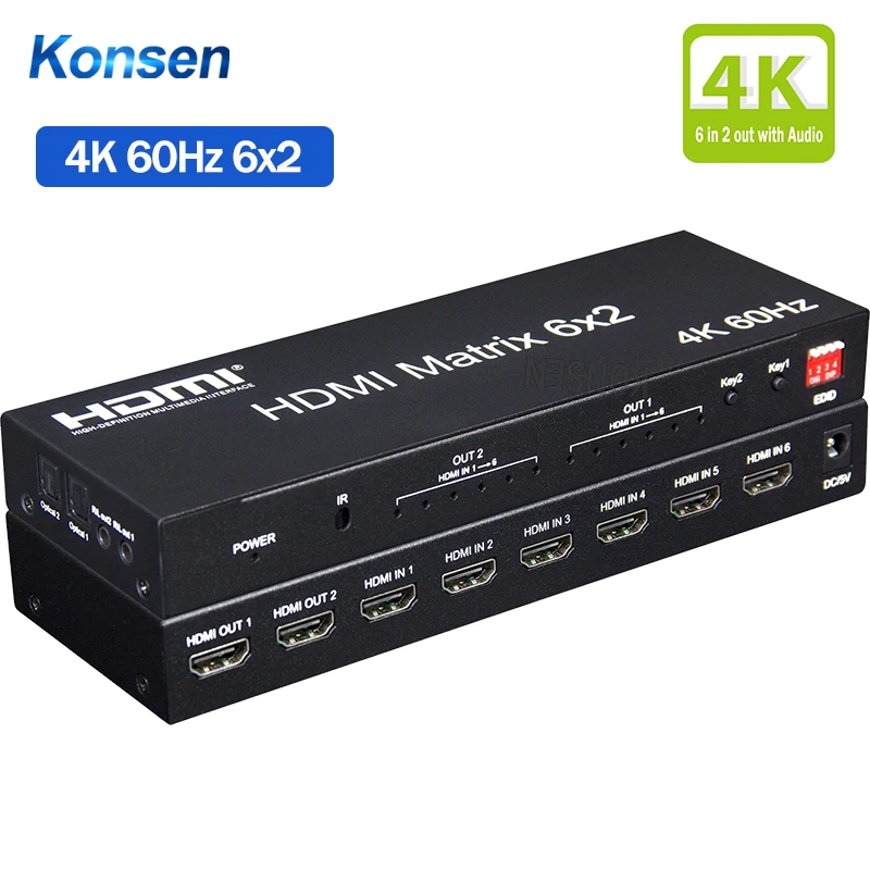 

6x2 HDMI Matrix 4K HDMI 2.0 Matrix Video Switcher 4x2 With Audio 3D Ultra HD 4K@60Hz 4 In 2 Out for PS4 Computer PC TV Monitor