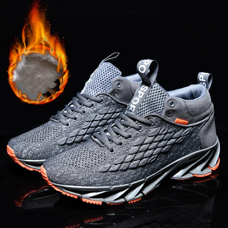 New High Top Mens Running Shoes Comfortable Blade Sole Sports Shoes Fashion Trainers Winter Outdoor Non-slip Plus Fur Sneakers