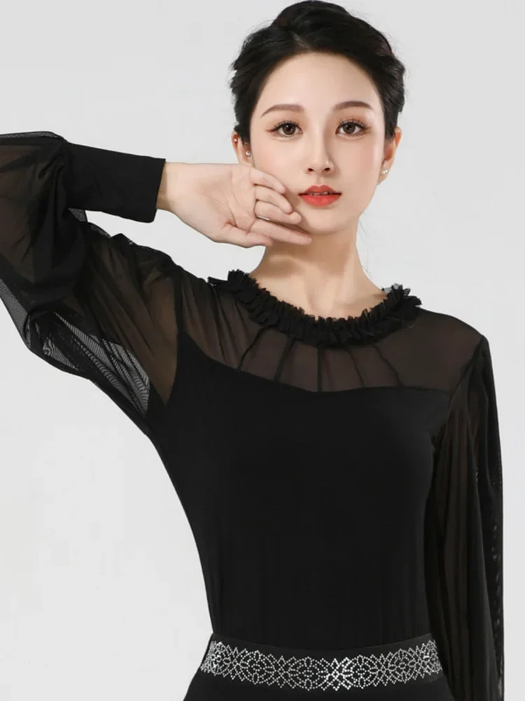 Сетчатый лоскутный костюм для латинских танцев бальных топ с длинными рукавами