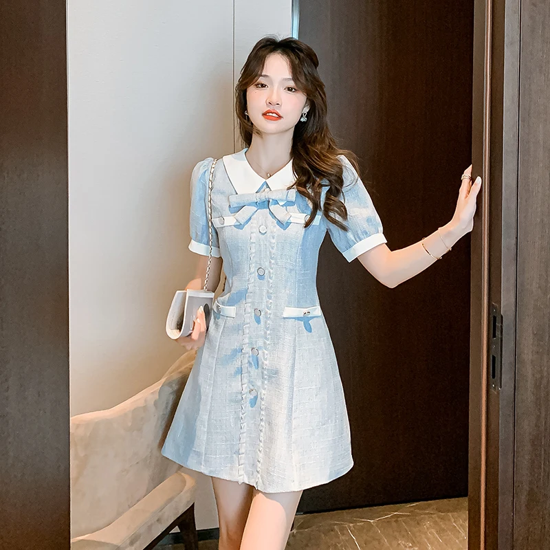 

Women French Turn Down Neck Mini Dress 2022 Summer Ladies Short Sleeve Slim Holiday Chic Buttons Short Robes