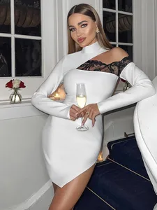NEW Sexy Long Sleeve Hollow Out Lace Split White Bandage Dress Women 2022 Chic Elegant Celebrity Bodycon Party Dress Vestido