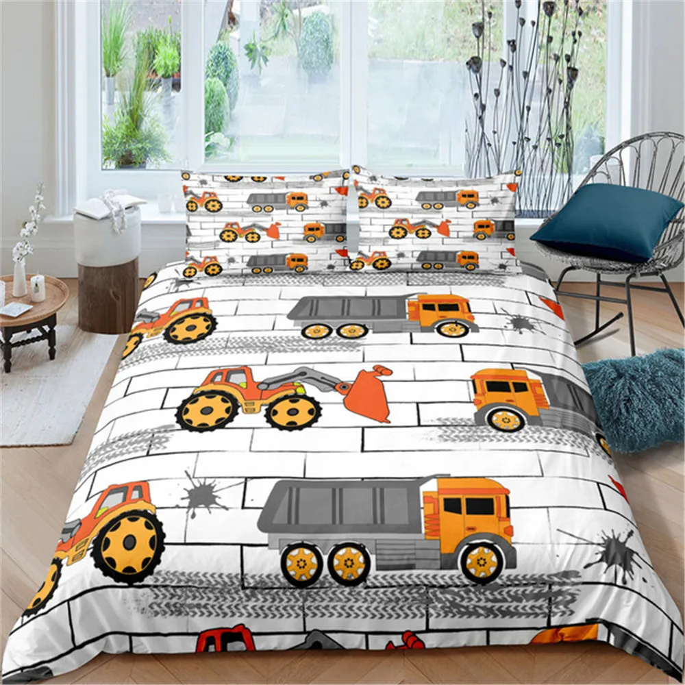 

3D Cartoon Theme Home Living Tractor Bulldozer Excavator Pattern Quilt/Comforter Cover 2/3pcs Full Size Boys Bedroom Bedding Set