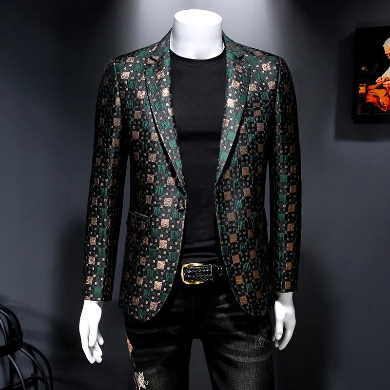 

2022 Spring Stage Casual Silver Bleazer For Men Groom Wedding Suit Lattice Grid Blazer Masculino Slim Fit