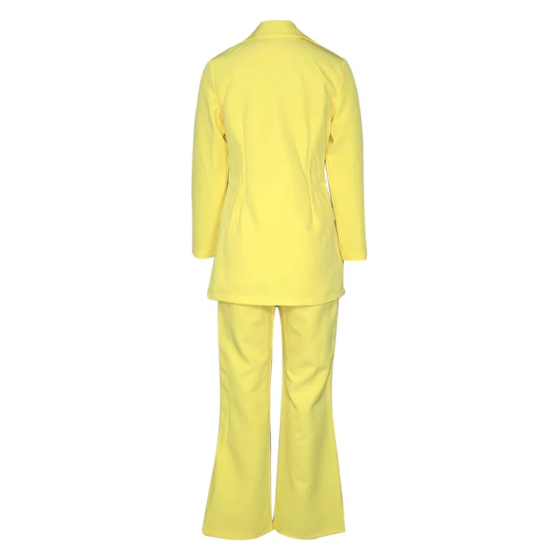 Office Ladies Solid Colors Formal Suits with Buttons New Pink Yellow Blazer Pants Set Two Piece Women Business Suit Blazer Set