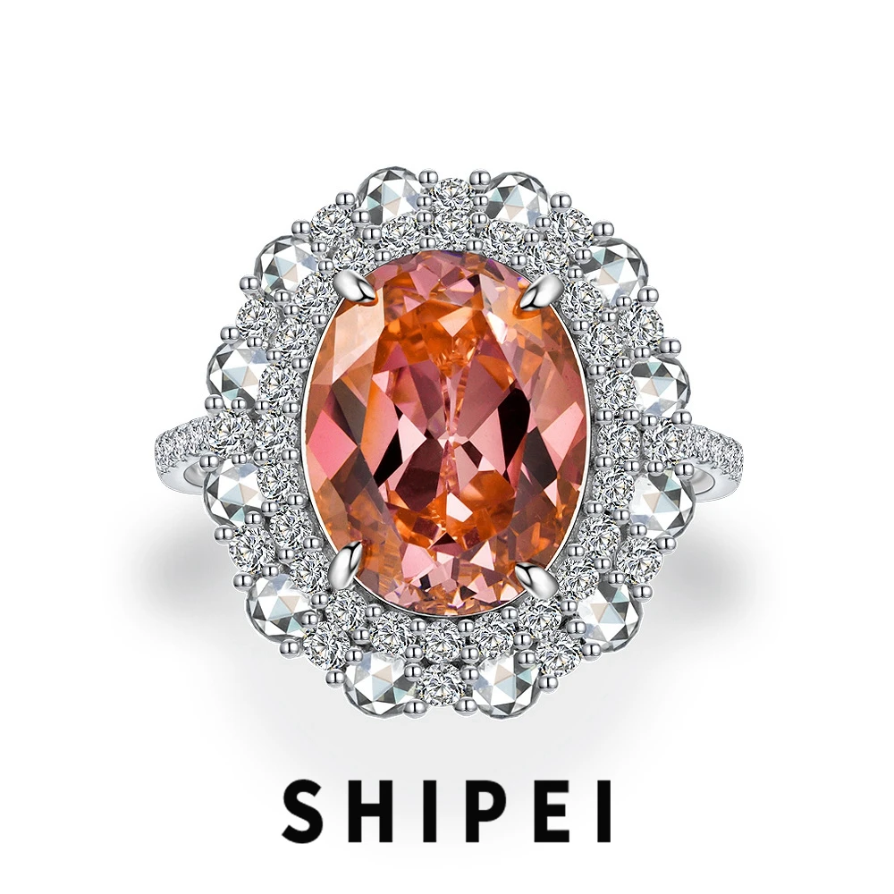 

SHIPEI 925 Sterling Silver Oval 10CT Padparadscha White Sapphire Gemstone Classic Ring for Women Wedding Engagement Fine Jewelry
