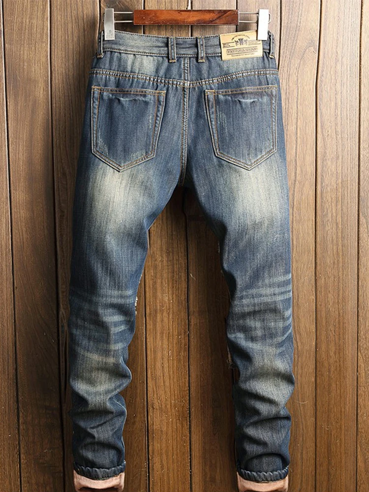 Autumn/Winter Thick Men Clothing Slim Knee Patch Stretch Cotton Straight And Fleece Jeans PROM Party Fashion Quality Jeans 2022