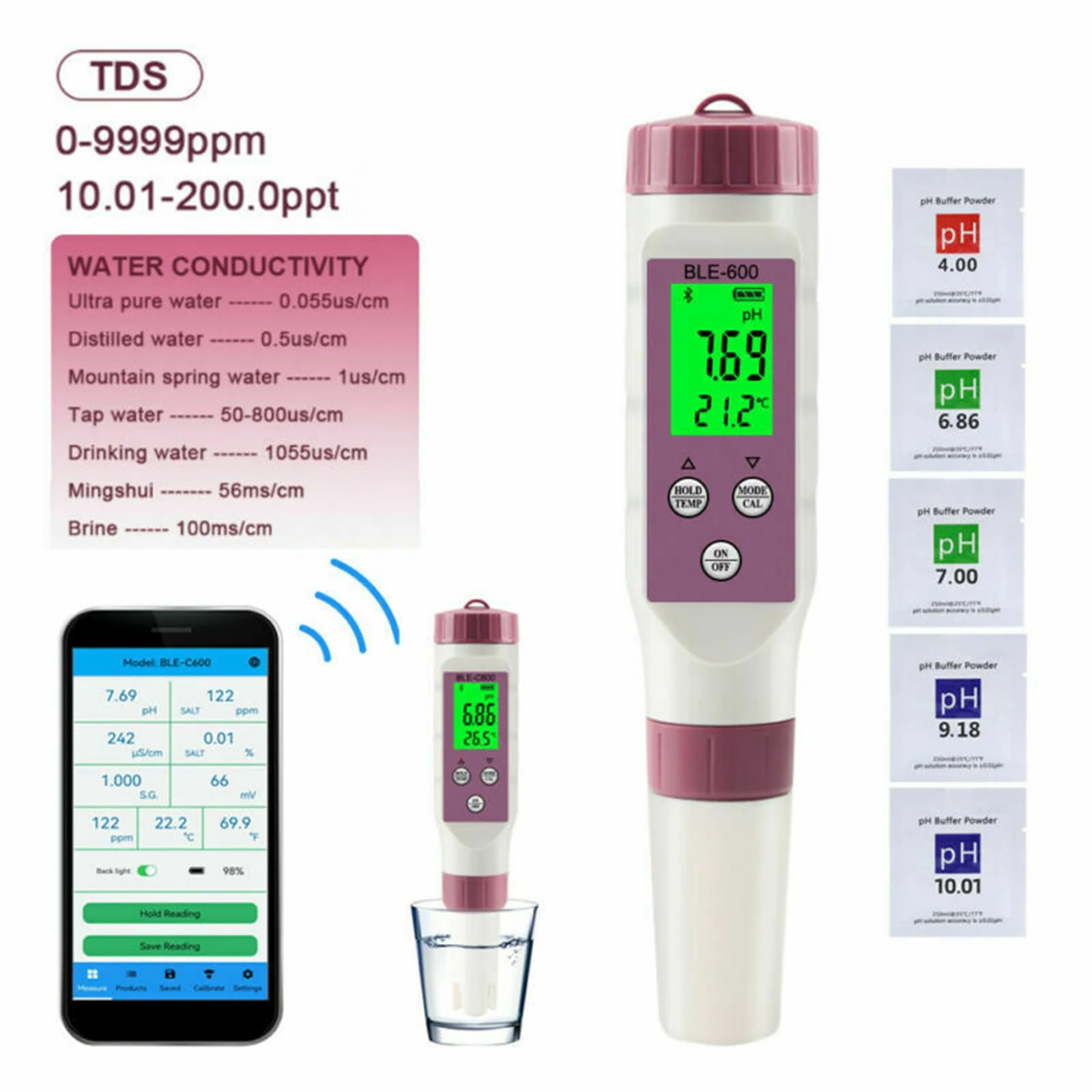 

7 In 1 bluetooth Phone App Data Monitoring Smart Water Quality Detector Digital Drinking Water Tester Pen Salinity Meter PH/TDS