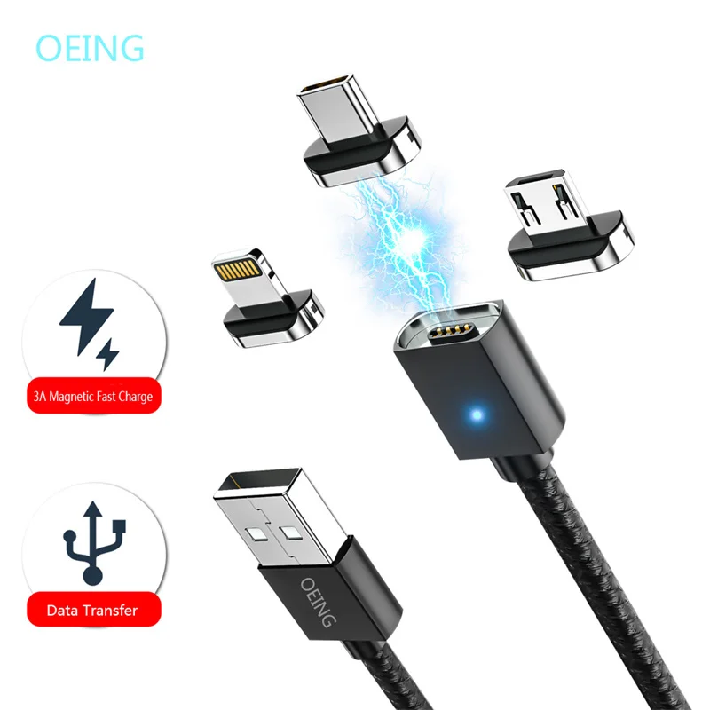 

OEING 3A 1M 2M Magnetic USB C Cable For iPhone Samsung Xiaomi Huawei Android Super Fast Charging Micro USB Type C Charging Cabl