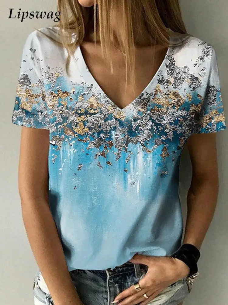 

Блузка женская с V-образным вырезом, модный Повседневный пуловер с винтажным принтом, свободная рубашка с коротким рукавом, весна-лето 2022