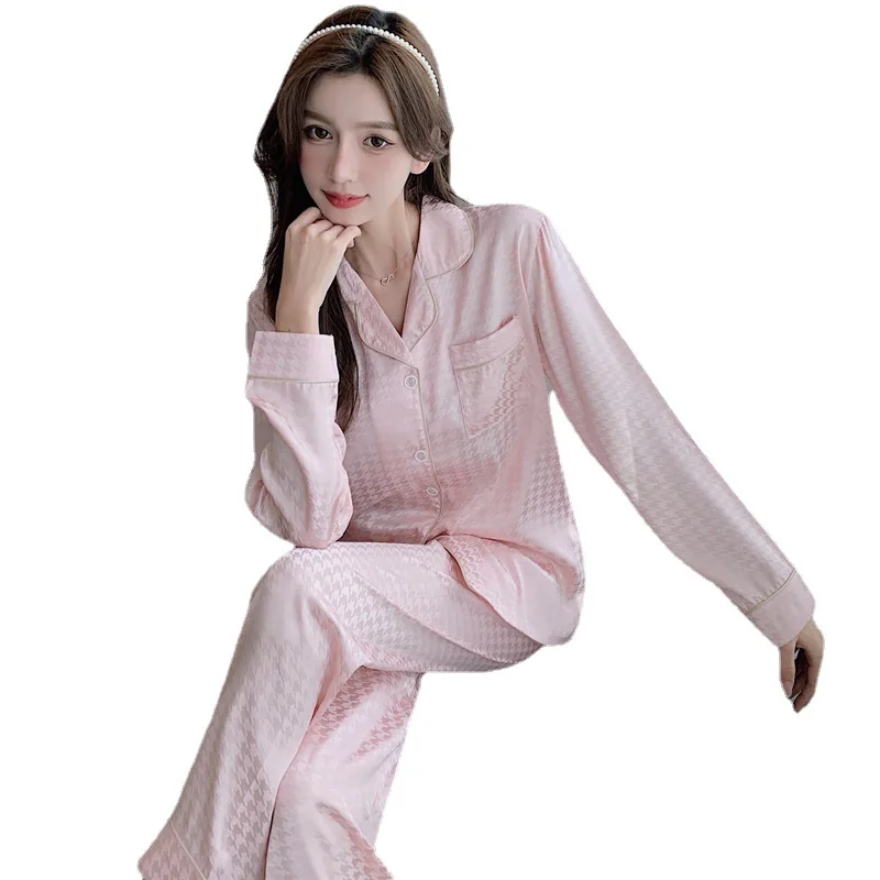 Ice Silk Pajamas Women Fashion Long Sleeve Pants Two Piece Set Women Luxury Casual Loose Lapel Sexy Homewear Set Plus Size 5XL