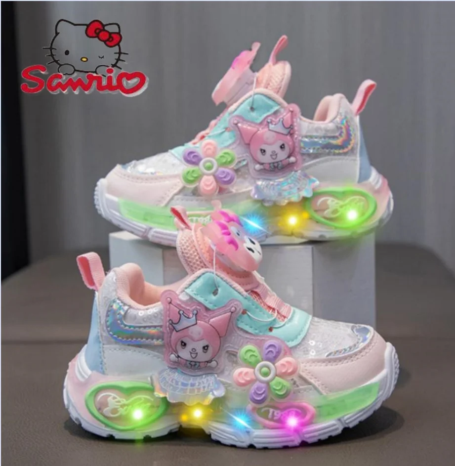 Ajika dźwiękowa Kuromi buty LED Sanrio dziecięce świecące Kawaii tenisówki dziewczęce codzienne trampki podświetlane z obrotowym guzikiem