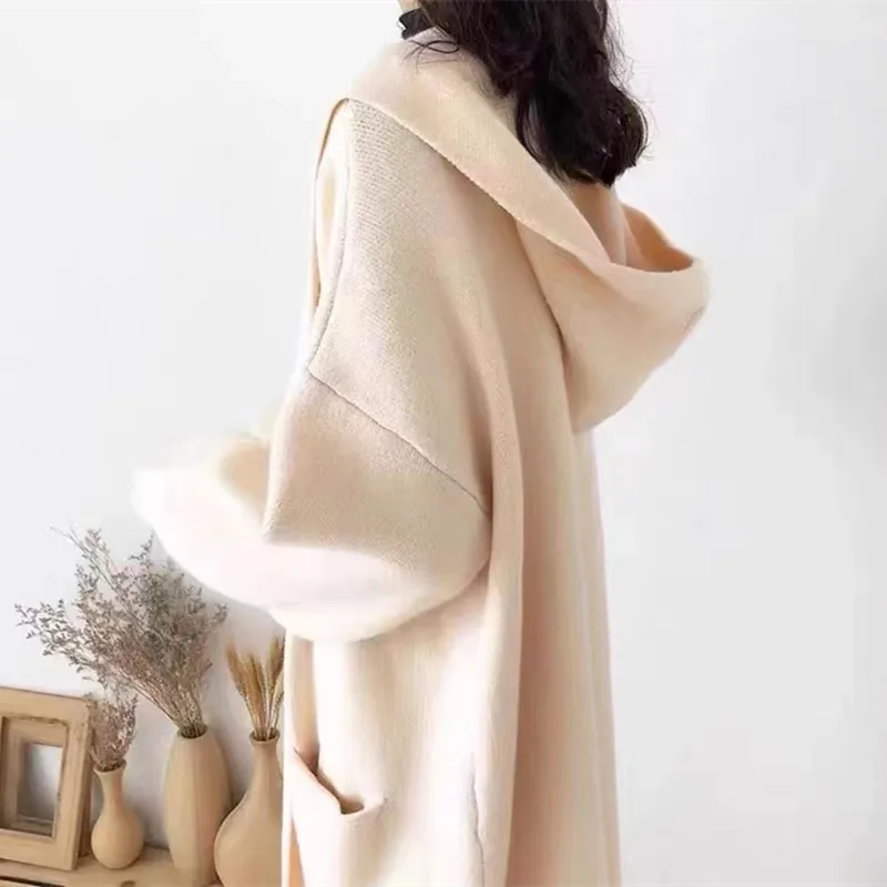 

Autumn and Winter New Korean Version Lazy Knitted Sweater Women's Hooded Long Over Knee Cardigan Windbreaker