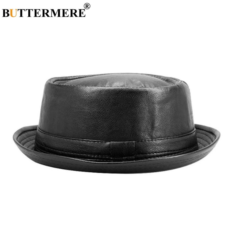 BUTTERMERE Men Black Leather Trilby Hat Male Fedora Cap Retro Women Autumn Brand Porkpie Hat Men's Vintage Jazz Hats