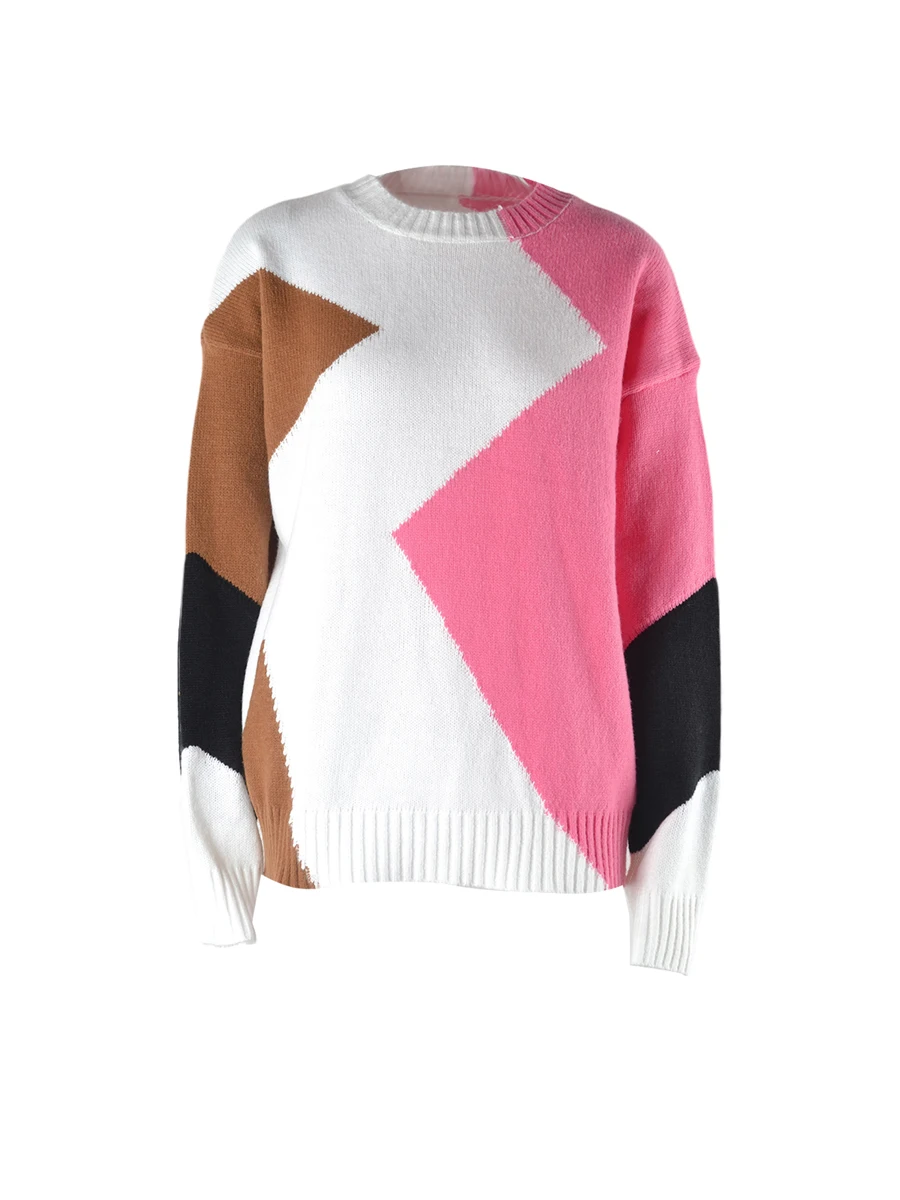 

Women Irregular Contrast Color Long Sleeve Pullover Sweater Loose Round Neck Jumper Top Knit Ribbed Patchwork Sweatshirt