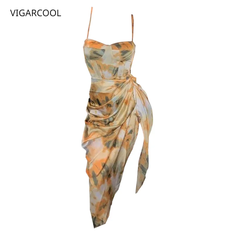 

Женское облегающее платье на бретелях, привлекательное облегающее платье средней длины с принтом и высокой талией в европейском и американском стиле, лето 2023