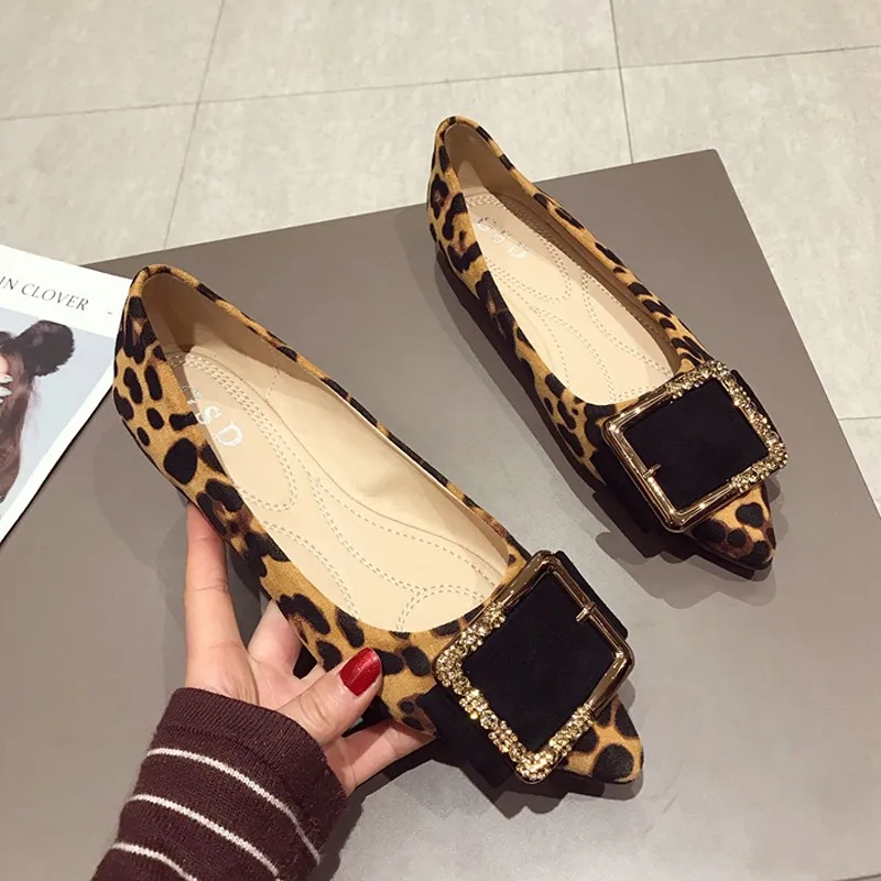 

Women Single Flats For Ladies Leopard Print Square Buckle Pointed Toe Casual Shoes Ballets Foldable Non-slip Loafers Plus Size