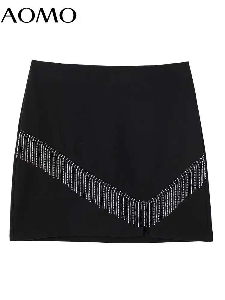 

AOMO Women Beading Fringed New Year Party Skirts Vintage High Waist Side Zipper Female Skirts JE82A