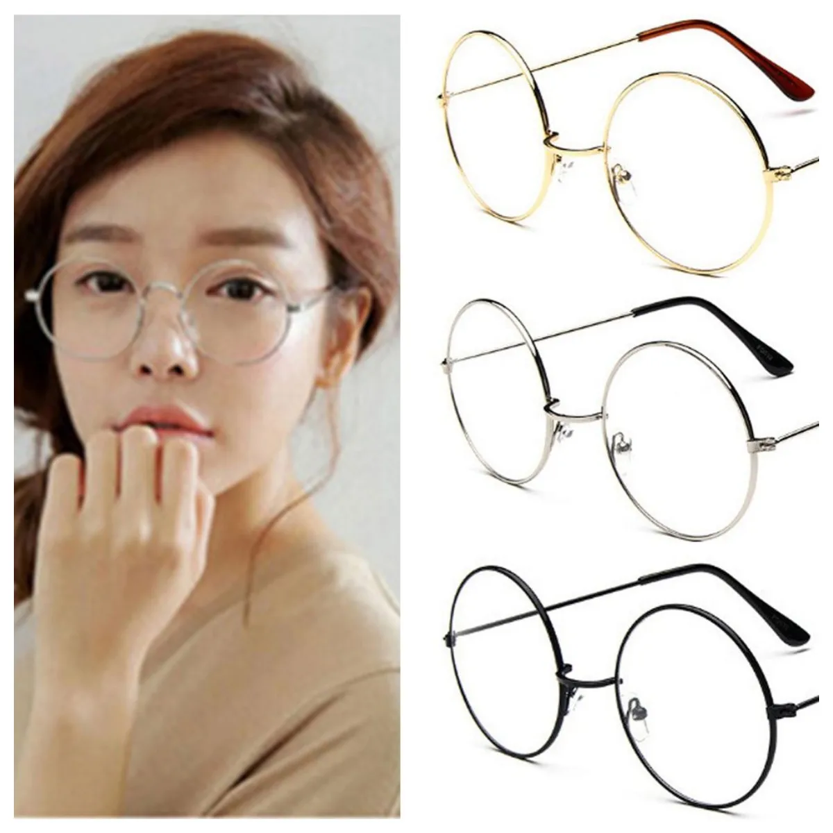 

Fashion Vintage Round Metal Frame Eyeglasses Oversized Clear Lens Optical Round Eye Glasses Blue-light Eye Protection Unisex 1PC