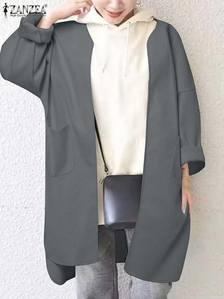 

Повседневные свободные однотонные пальто ZANZEA с карманами, модные открытые спереди, зима 2023, корейские женские куртки с длинным рукавом, теплая верхняя одежда большого размера