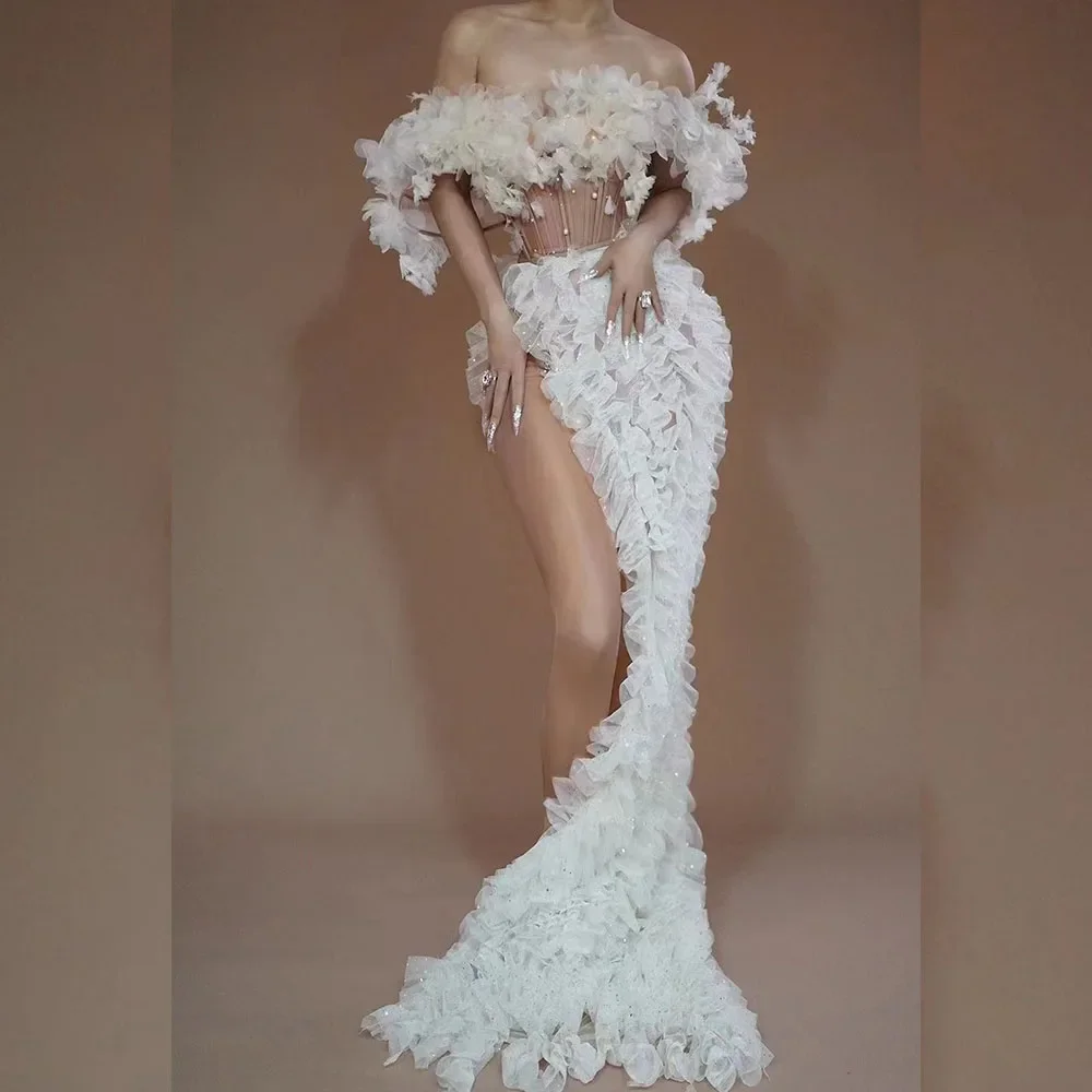 Сексуальный костюм Rave белое свадебное платье нерегулярной сетки топ-труба