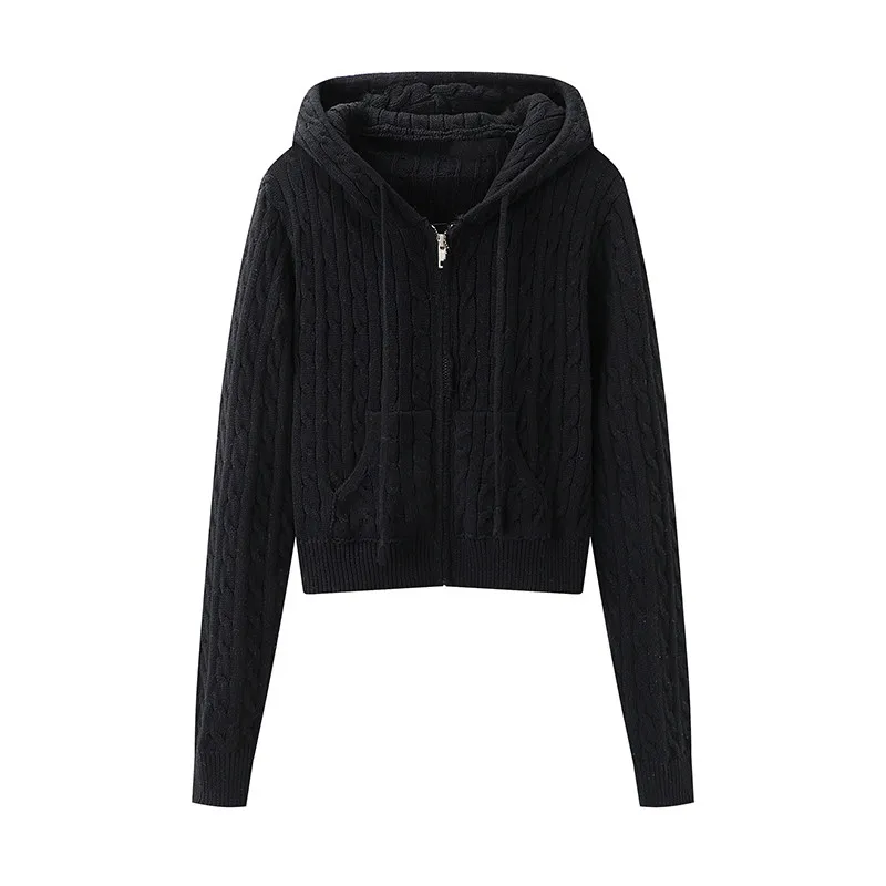 Женский прямой кардиган с капюшоном винтажный однотонный в стиле High Street