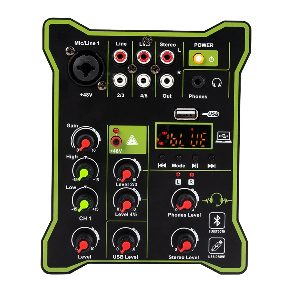 

5 Channel Audio Mixing Console DC 5V Audio Mixer XLR Output Bluetooth-Compatible USB Record Professional Mixer-EU Plug