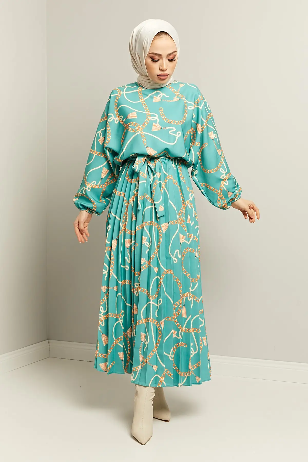 Chain Pattern Elastic Waist Dress Black Standard Size 36-44 Compatible Maxi Hijab Dubai Robe Longue Femme Islam Caftan Fashion