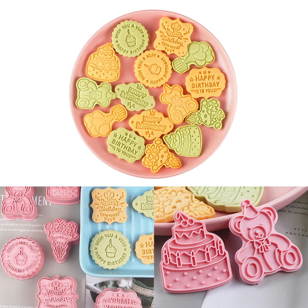 

8Pcs Birthday Theme Cookie Cutters 3D Pressable Biscuit Mold Cookie Stamp Plastic Kitchen Baking Tools Kids Birthday Party Decor