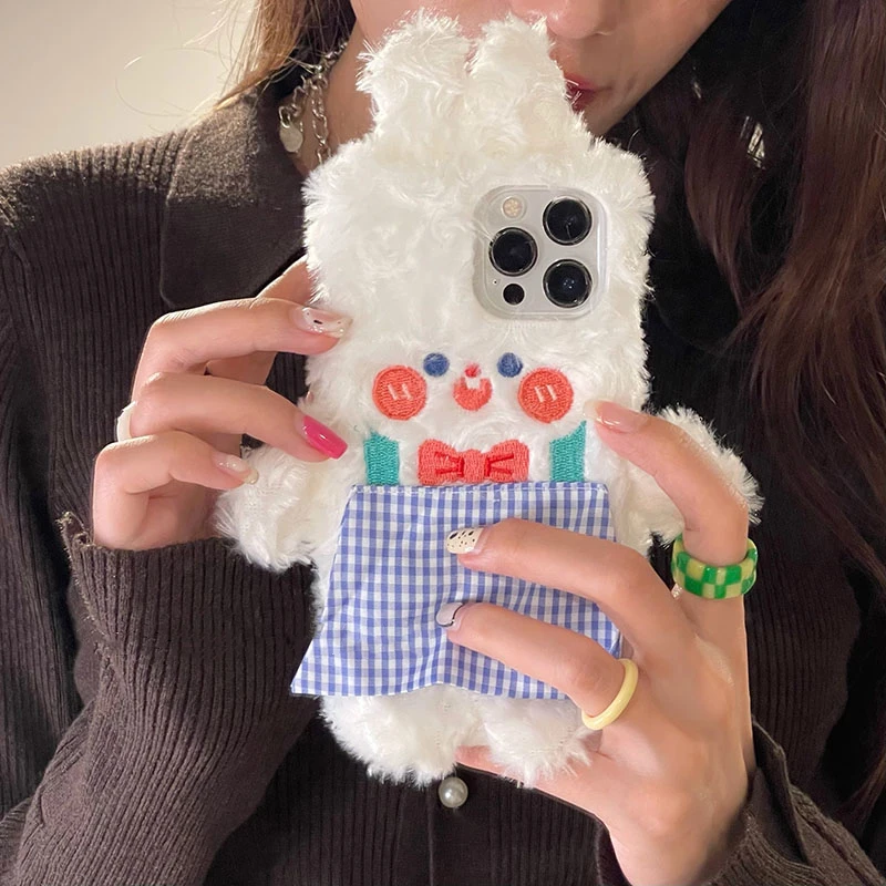

3D Rabbit Lovely Lady Gift Case For Apple iPhone 13 12 XS Max XR X 11 Pro Max 7 8 Plus Furry Fluffy Warm Shell Soft Phone Cover