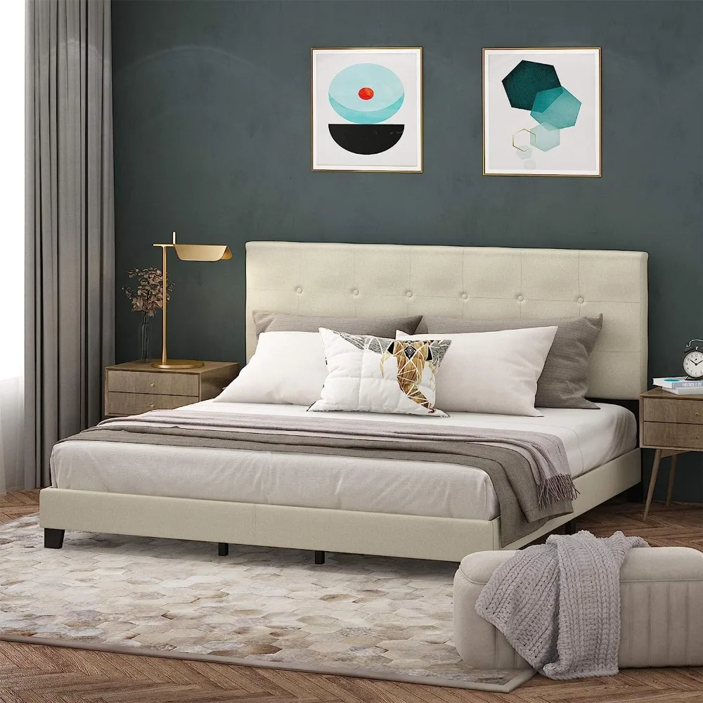 

King Size Laval Button Tufted Upholstered Platform Bed Frame Linen