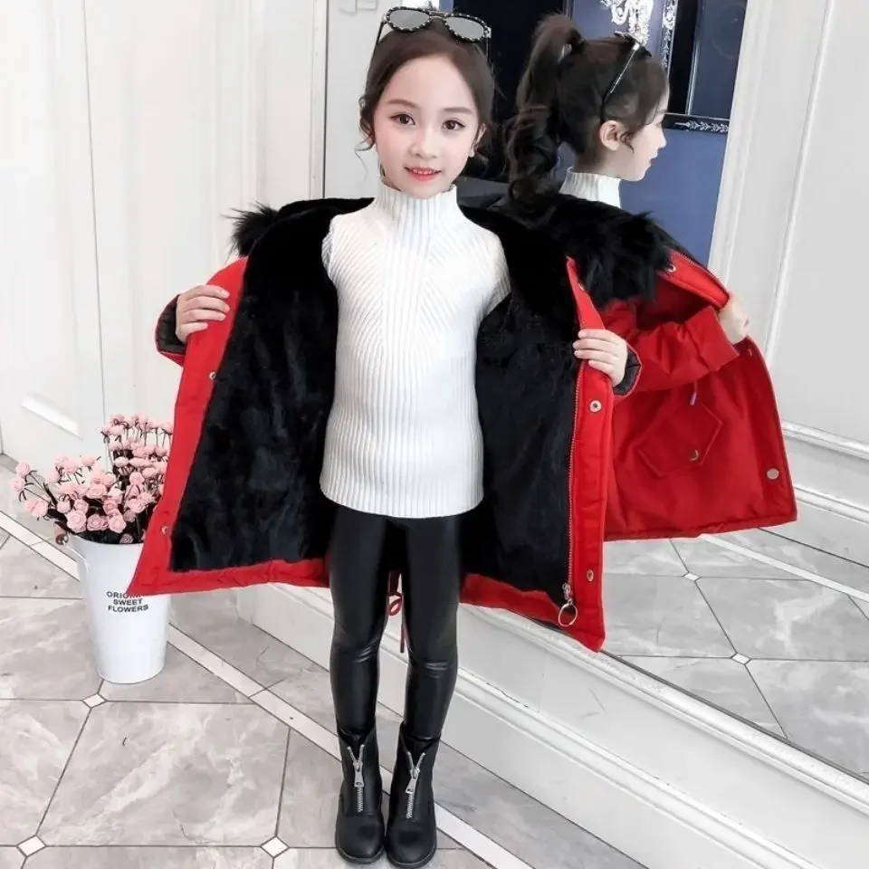 4-14 Years Teen Girls Coat Winter Plus Velvet Warm Windbreaker Jacket For Parka Snowsuit Fashion Hooded Children Outerwear