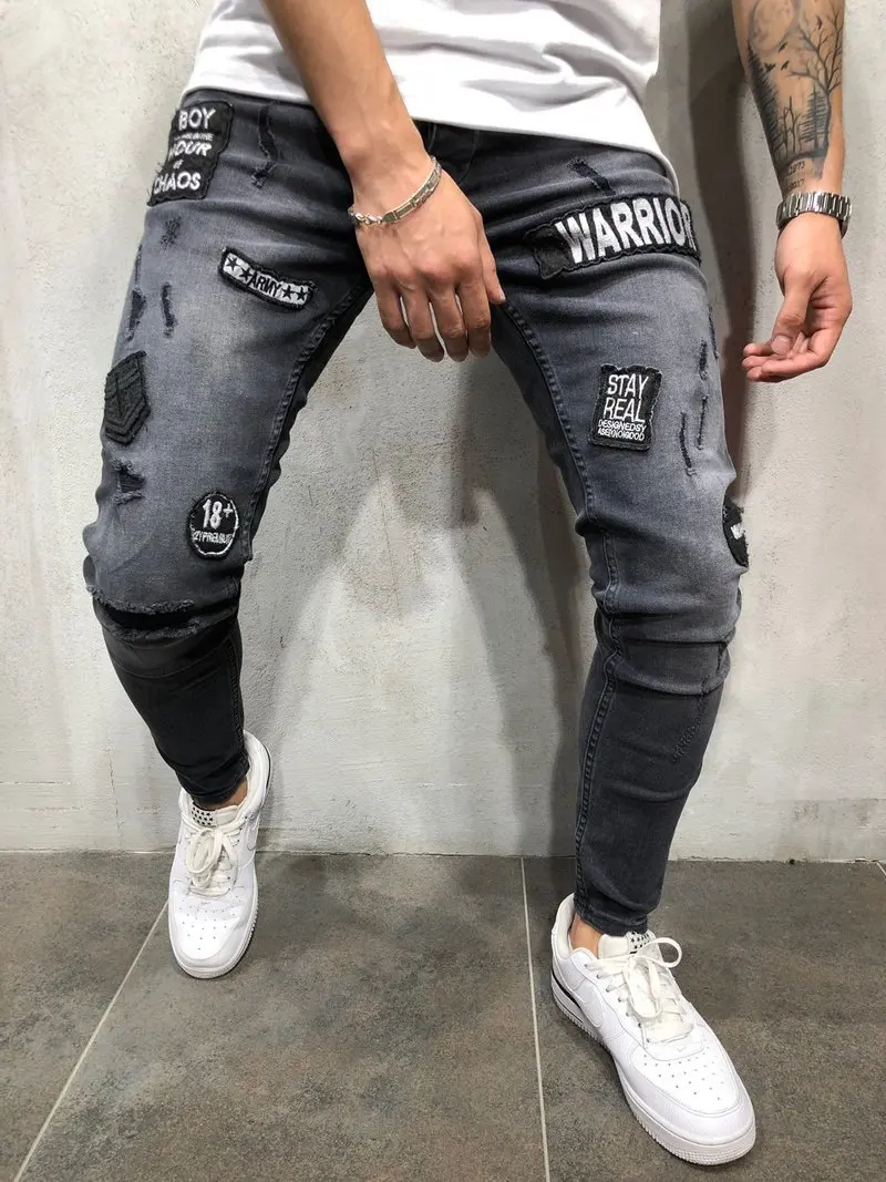 

2022Four Seasons Net Red Denim New Men's Skinny Jeans Black Ripped Badge Patch Feet Denim Men's Pants Trend Mens Jeans