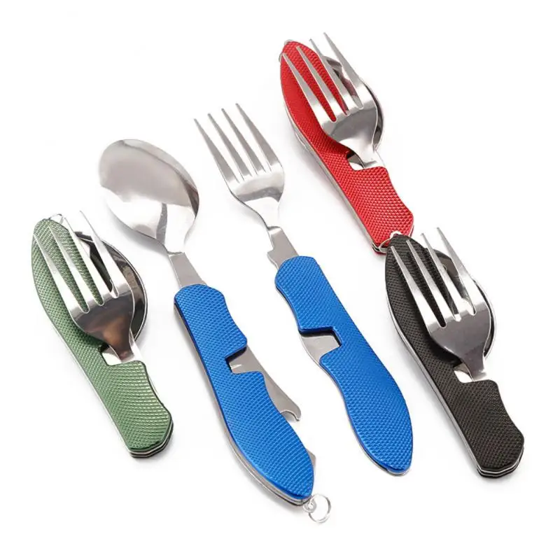 

4 In 1 Detachable Camping Utensils Cutlery Set Stainless Steel Travel Dinnerware Set Foldable Knife Fork Spoon Bottle Opener