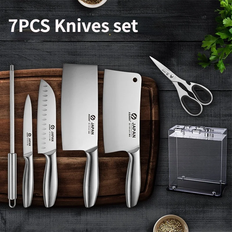 Japanese Kitchen Chef Knife Set with Holder  Meat Fish Slicing Vegetable Cutter Stainless Steel Cleaver Knife with Sharpener images - 6