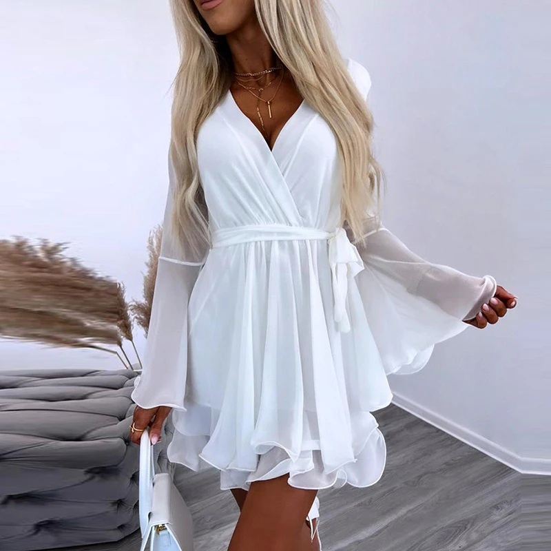 Women Elegant Lace-up Ruffles A-Line Dress Sexy V-neck Wrap Solid Chiffon Party Dress Casual Long Sleeve Pleated Cake Mini Dress