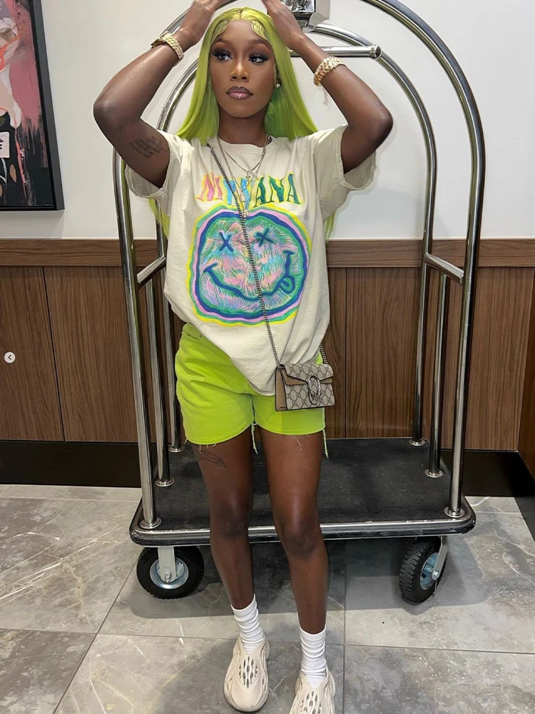 

Летняя свободная футболка Akaily с рисунком, модные футболки с коротким рукавом и принтом, женские топы 2022, уличные Топы абрикосового цвета