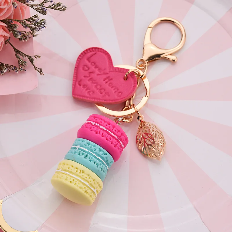

Women New Macaron Cake keychain PU love alloy leaf Key Chain Charm Bag pendant Key Ring Best Party Gift Jewelry K3006
