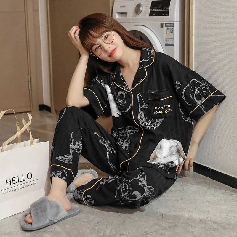 spring  autumn new style pajamas women's summer lapel cardigan short sleeved trousers sweet loose home clothes