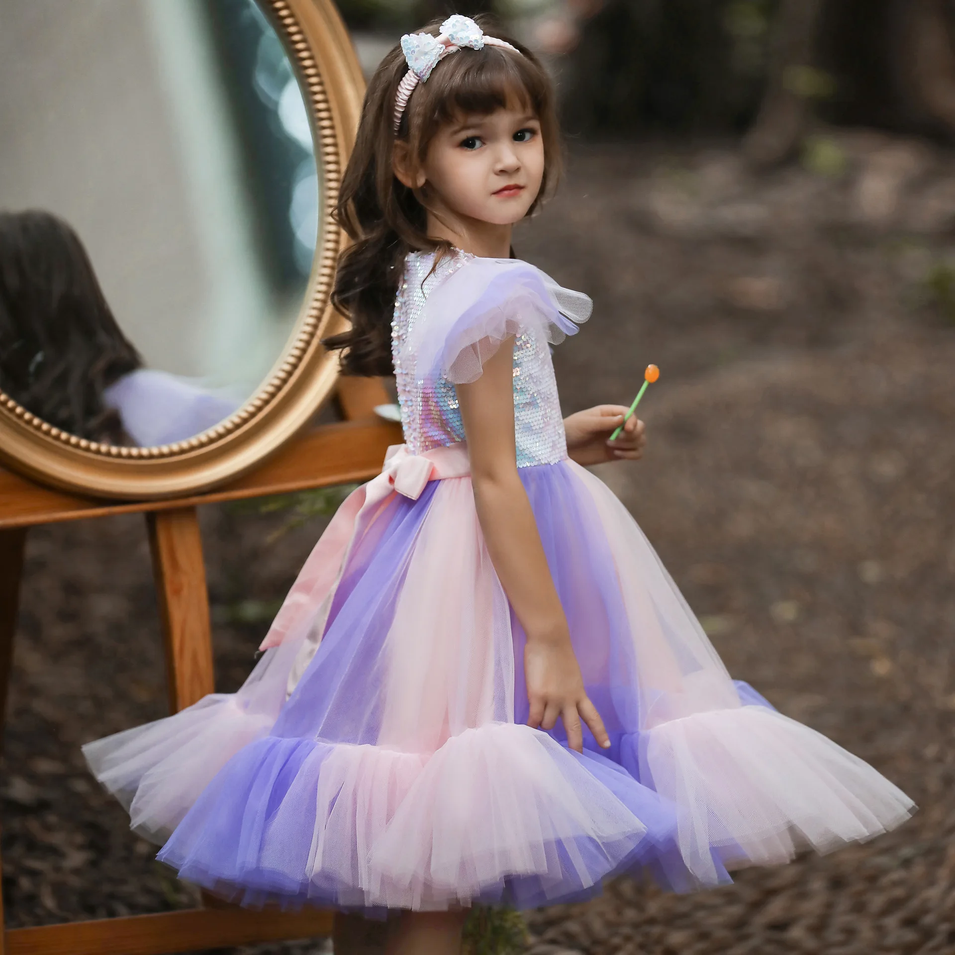 

New Girl Baby Christmas Day Sequin Dress Color Matching Cake Communion Party Long Sleeve Dress Girl Wedding Bridesmaid Dress